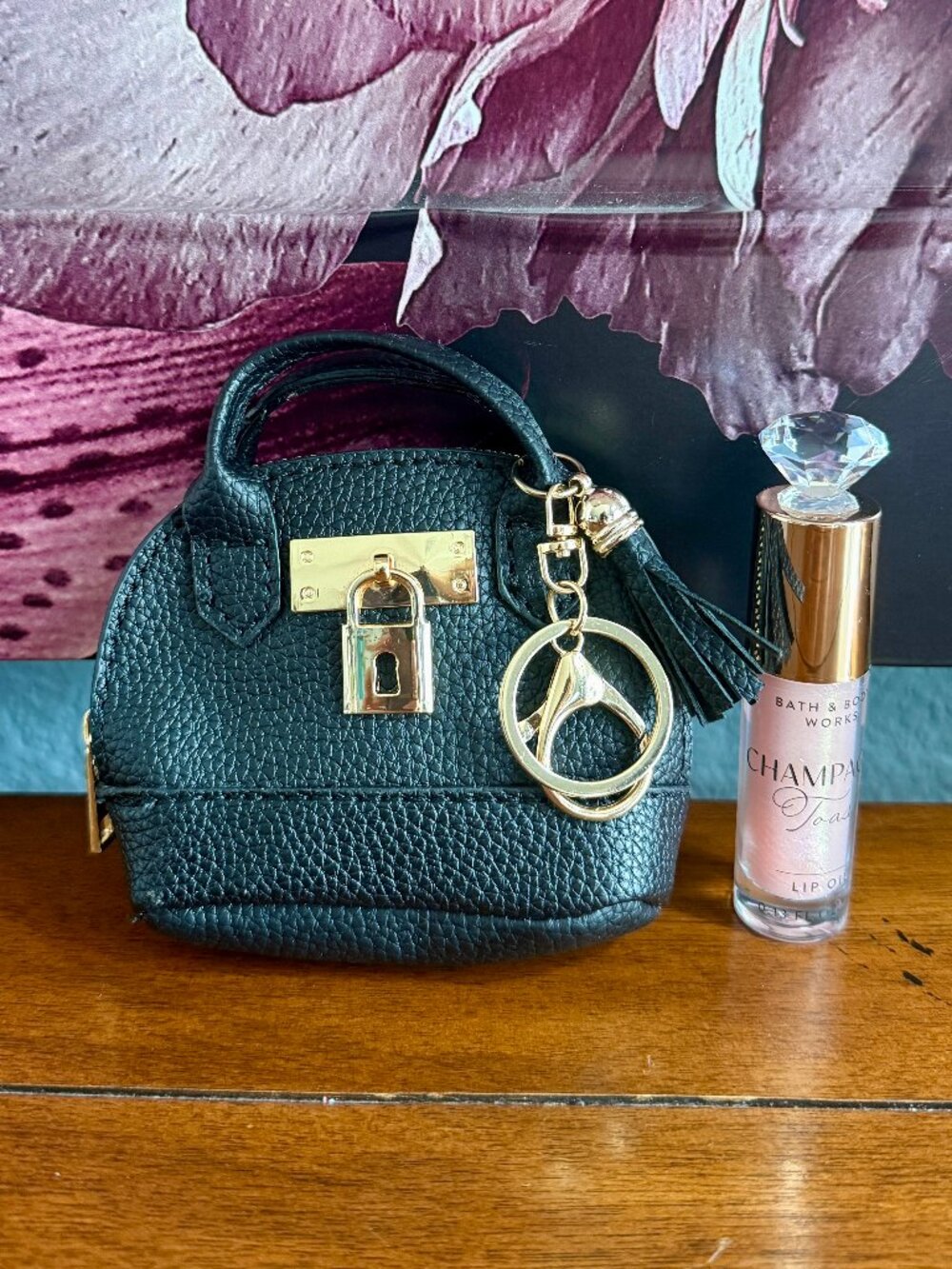 NEW 2-Pc Mini Keychain Handbag/Tassel & Keychain Coin Purse Black & Lip Oil